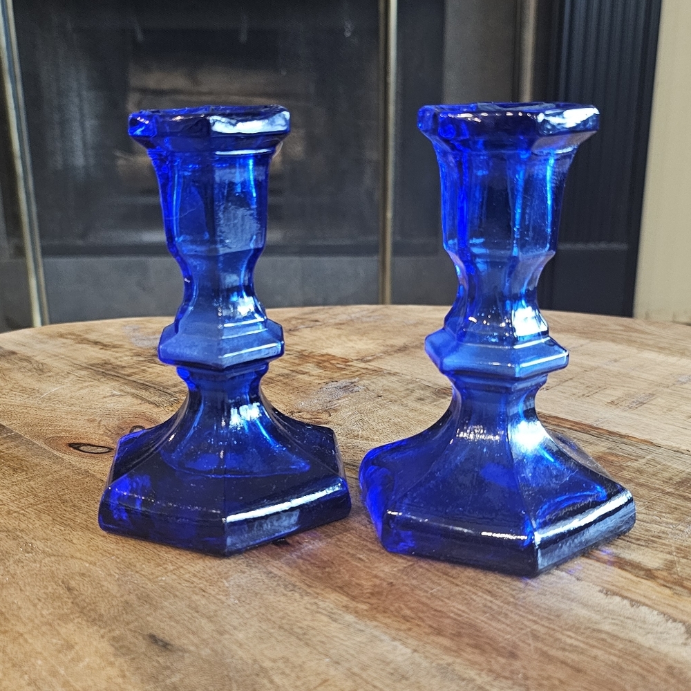Cobalt Blue Glass Octagon Candle Holders